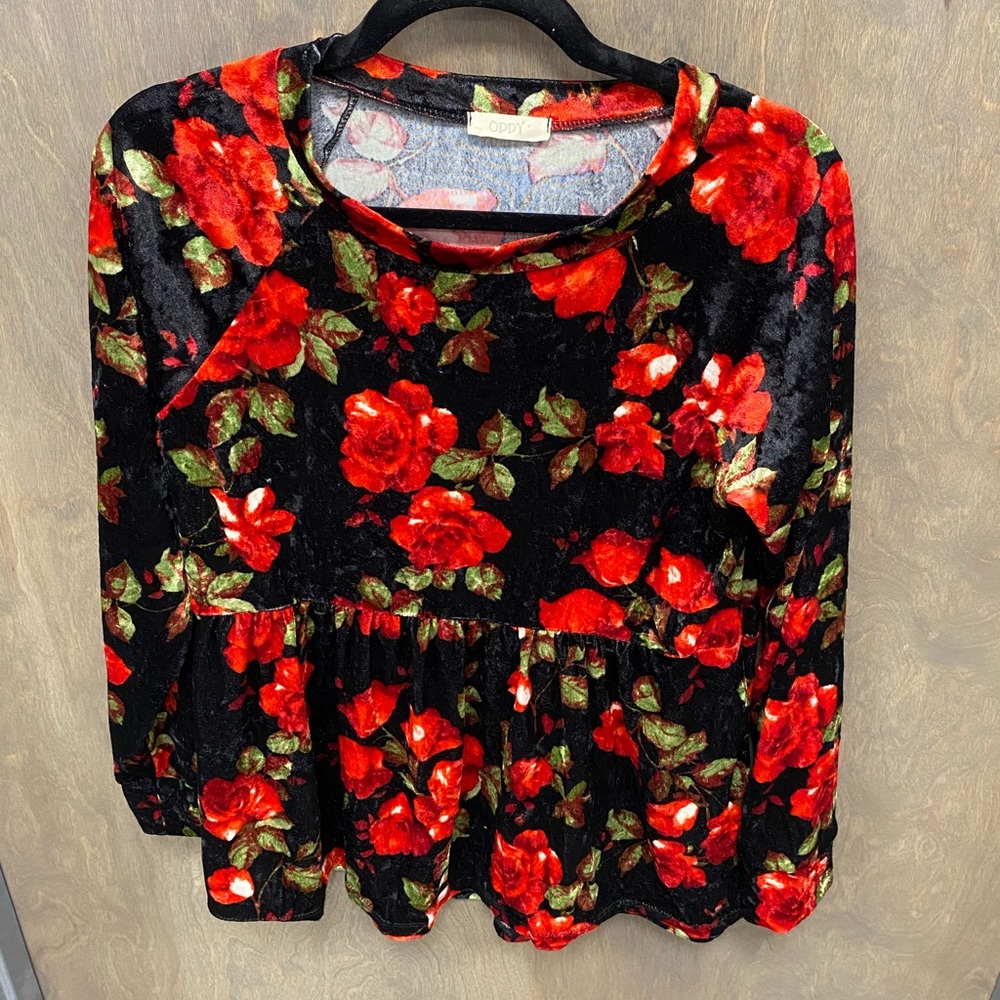 ODDY Velvet Blouse - Black and Red Floral